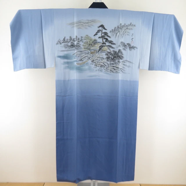 Juban Kimono inner wear Silk Edo house pattern Blue 55.5inch Men's