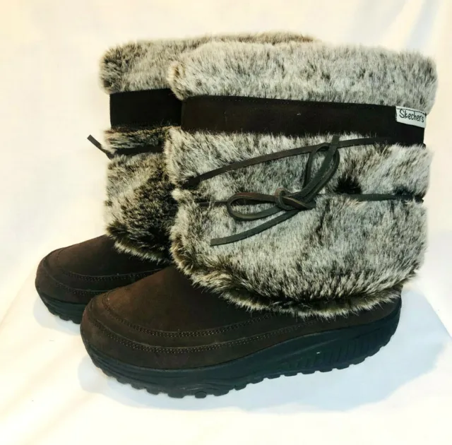 Skechers Shape Ups Faux Fur Lined Winter Boots Size 7.5 Brown Leather 24874 EUC