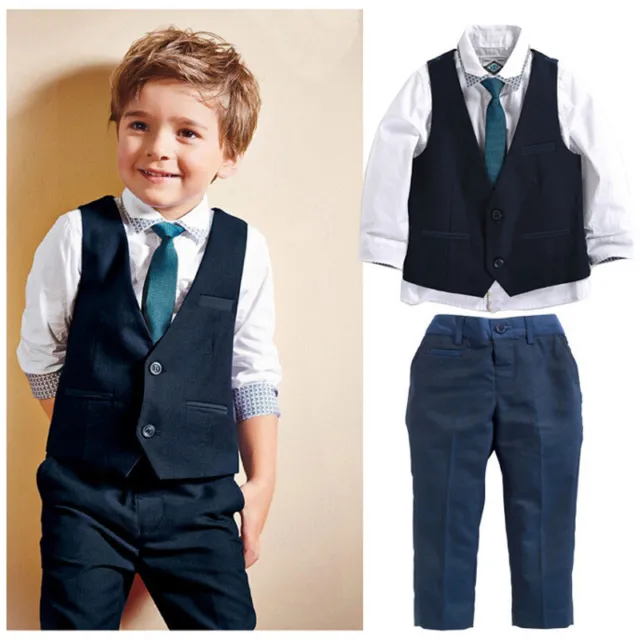 4PCS Kid Baby Boy Tuxedo Suit Shirt Waistcoat Tie Pants Formal Outfit Clothes