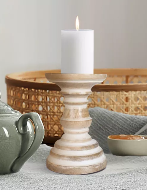 Natural Rustic Shabby Chic Solid Carved Pillar Church Wooden Candle Holder Stick 2