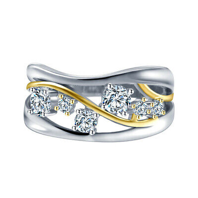 Pretty Two Tone 925 Silver Filled Ring Women Cubic Zircon Wedding Ring Sz 6-10