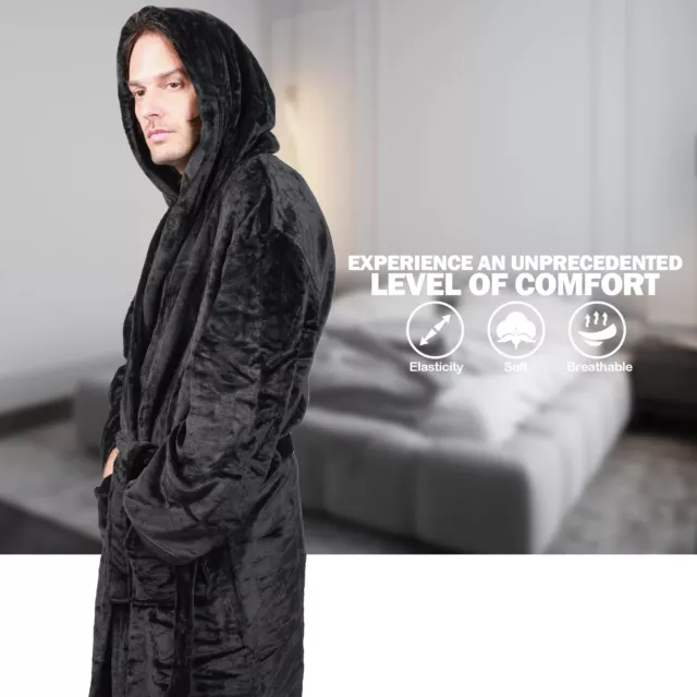 Mens Soft Hooded Bathrobe Long Plush Fleece Bath Robe Warm Gift w/ Hood &Pockets