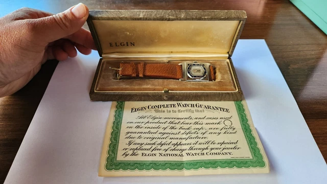 1928 Elgin 212 Art Deco 14k White Gold Blue Enamel IN ORIGINAL BOX W/ PAPER