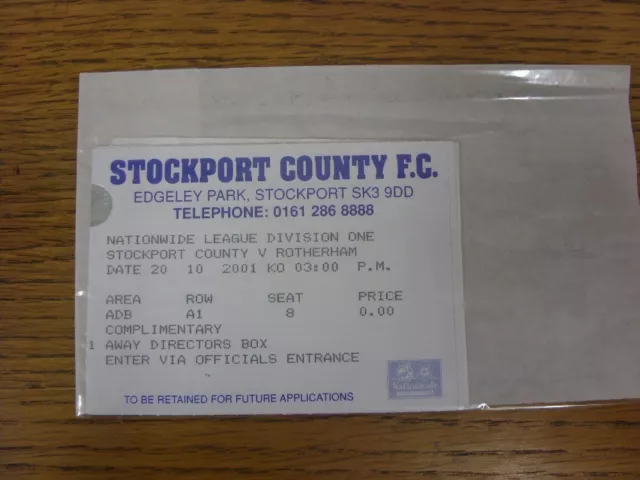 20/10/2001 Ticket: Stockport County v Rotherham United [Directors Box Compliment