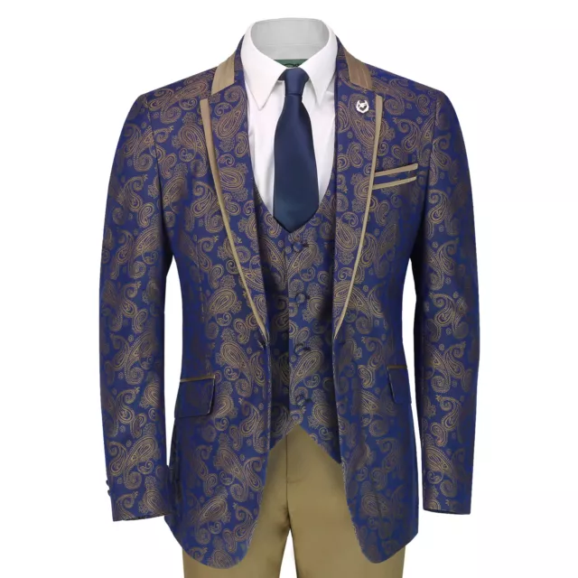 Hommes Palefrenier 3 Pièce Mariage Costume Or Imprimé Paisley Sur Marine Classic