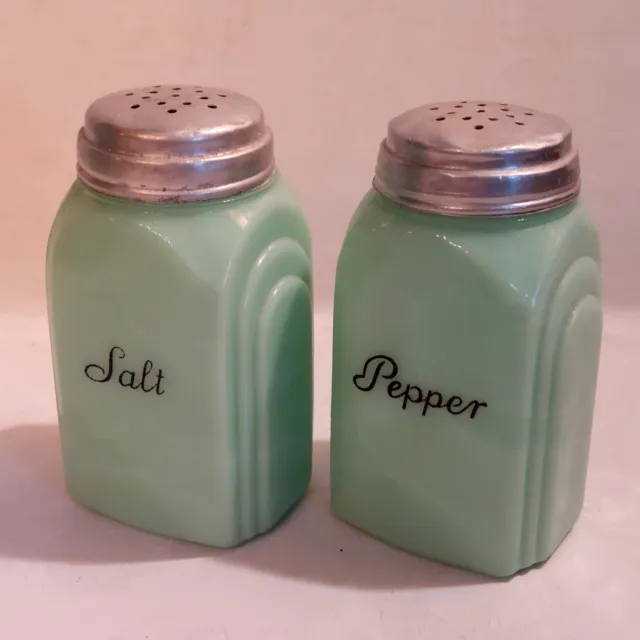Jadeite Jade Uranium Depression Glass Salt Pepper Shaker Hoosier Art Deco Jar