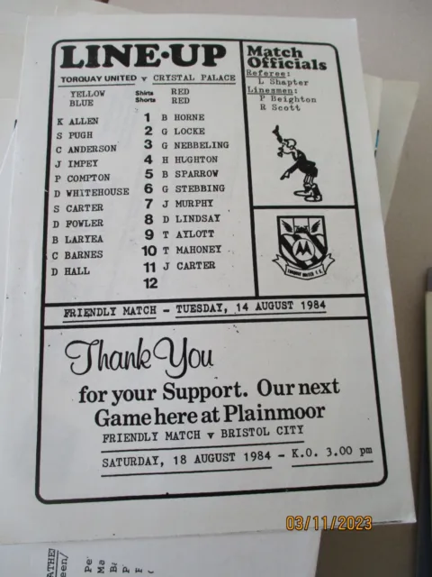 14.8.1984 Torquay United v Crystal Palace Friendly