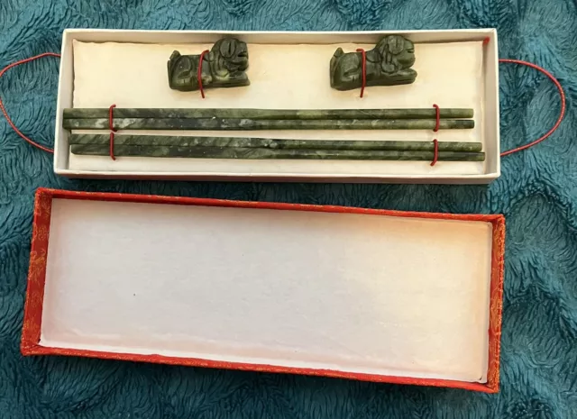 2 Pairs of Chinese Natural Jade Stone Chopsticks with A Dragon Rests in Box