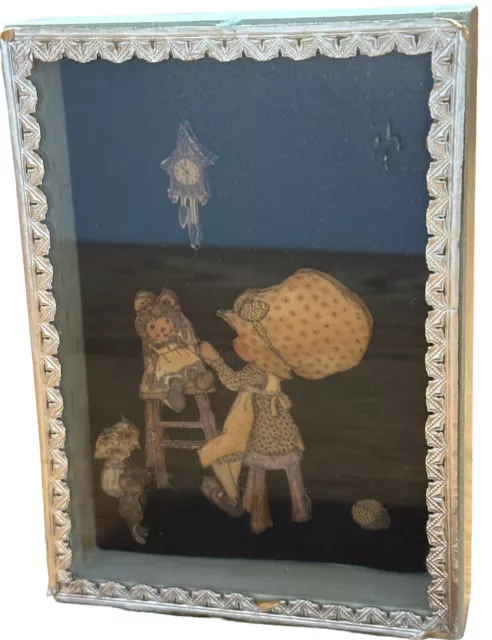 Holly Hobbie with Ragdoll and Clock Framed 3D Shadow Box Vintage circa 1970's