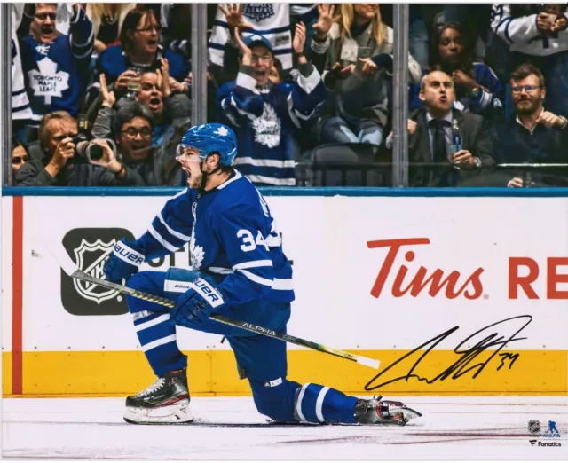 Auston Matthews Maple Leafs Signed 16x20 Blue Jersey Goal Celebration Photo