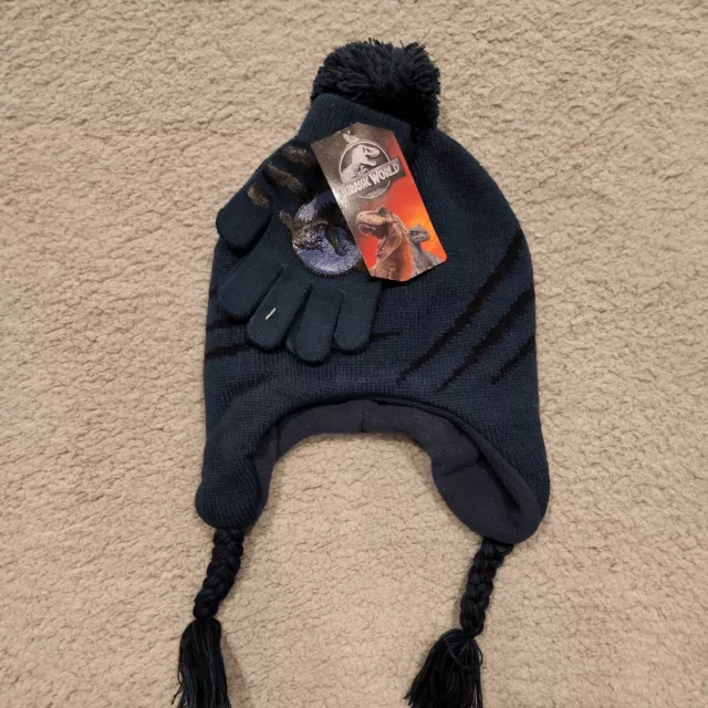 Jurassic World Park Beanie Hat  & Gloves Mittens Set Dark Teal NWT