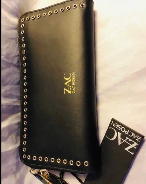 Zac Zac Posen Checkbook Wallet, Black Leather With Gold Grommets New