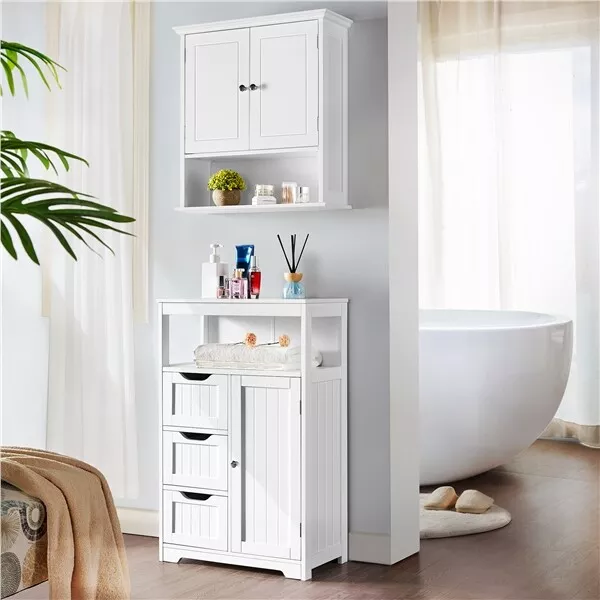 Meuble Commode Salle de Bain en Bois 3 Tiroirs 1 Placard Salon Cuisine Blanc