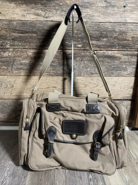 Vintage Eddie Bauer Ford Duffle Bag 20” Tan Canvas & Leather Weekender Carry On