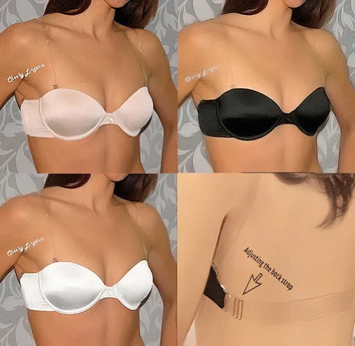 INVISIBLE UNDERWIRE STRAPLESS TRANSPARENT Clear BACK Straps PUSH UP Bra  32B-40C $8.54 - PicClick