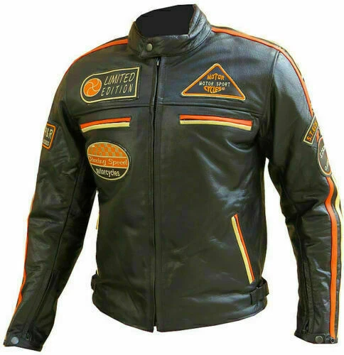 Blouson Moto Cuir Stechmoto ST 1735 Café Race - Protection CE - Couleur Noir/orange/beige - Unisexe