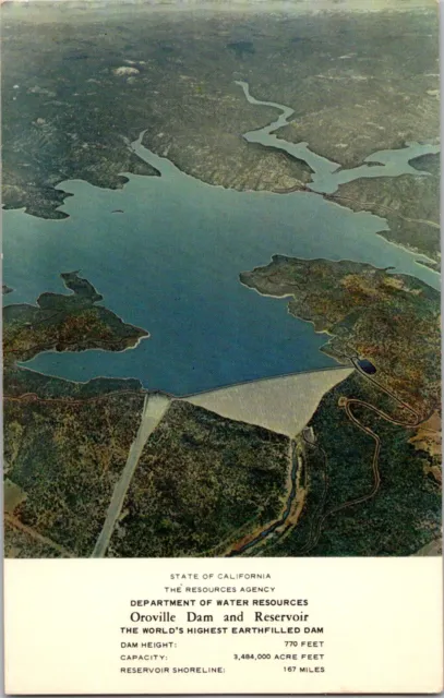 Oroville California Oroville Dam  Reservoir Aerial View 1950s Postcard
