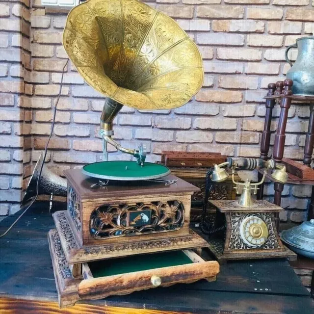 Antiguo Gramófono de Madera Trabajo Audio Reproductor de Grabaciones Decoración del Hogar Regalo