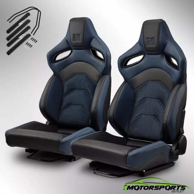 Universal Reclinable PVC Racing Seats Car Seat Full Set w/Sliders Black-Blue