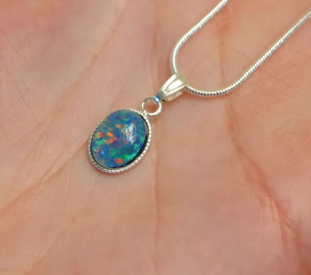 Beautiful Genuine Natural Black/Blue Australian Fire Opal Oval Silver Pendant 3