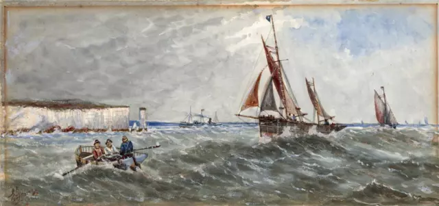 E. Adams - Antique Watercolour Painting - Boats Off Coastline - Seascape