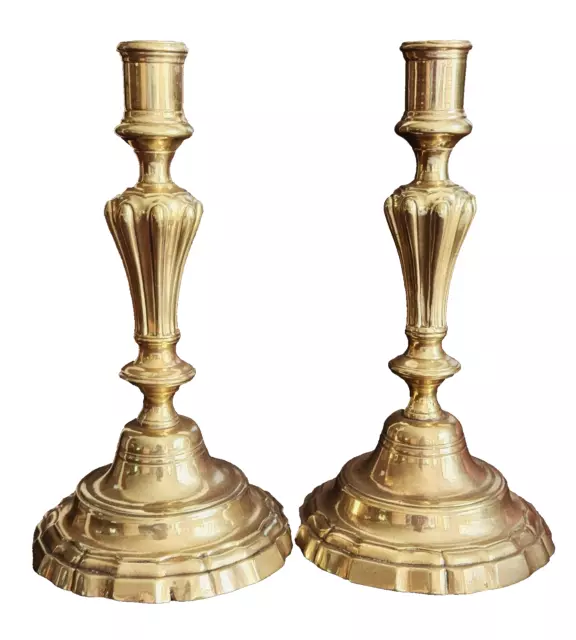 Pr CANDLESTICKS, 18th C, French, Louis XV Period, Solid Brass, 9.5"t