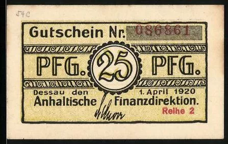 Notgeld Dessau 1920, 25 Pfennig, Gutschein der Anhaltischen Finanzdirektion