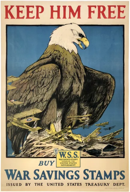 Original Vintage WWI Plakat Keep Ihn Gratis Kaufen War Sparen Stempel Adler USA