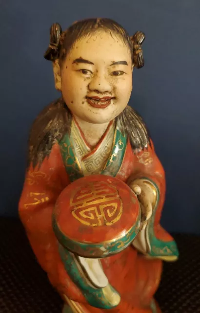 Antique Chinese Figurine Statue Young Girl With Teeth & Ceremony Bowl 9.75" High 3