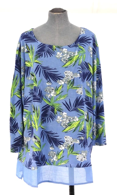 Tunica top damart blu finitura floreale manica lunga scoop casual UK 22 24