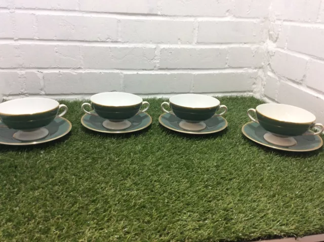 Simpsons Potters, Chinastyle Soup Bowl With Saucer X 4 Green With Gold Vintage