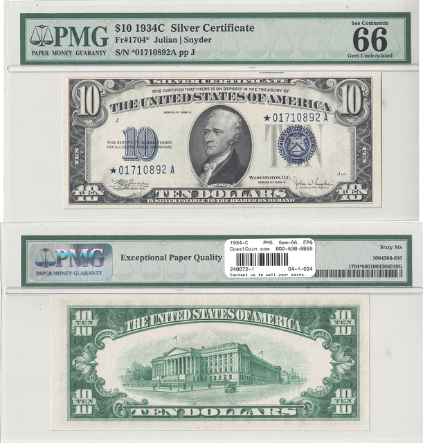 1934-C $10 Silver Certificate Star Note Fr 1704* PMG Gem Uncirculated-66 EPQ