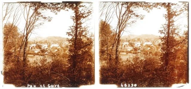 FRANCE Pau et Gave Paysage c1920 Photo Stereo Plaque de verre Vintage 