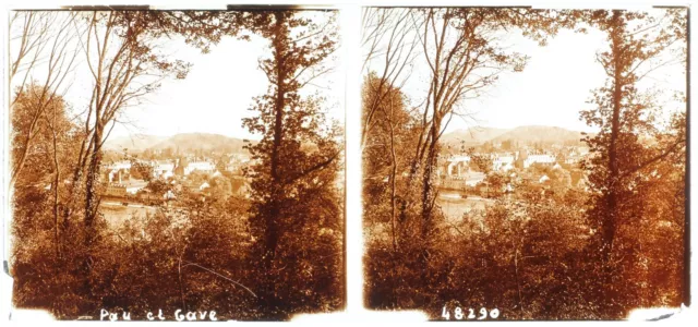 FRANCE Pau et Gave Paysage c1920 Photo Stereo Plaque de verre Vintage 