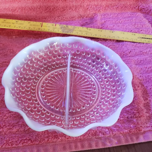 Vintage White Opalescent HOBNAIL  DIVIDED BOWL RELISH DISH  MOONSTONE