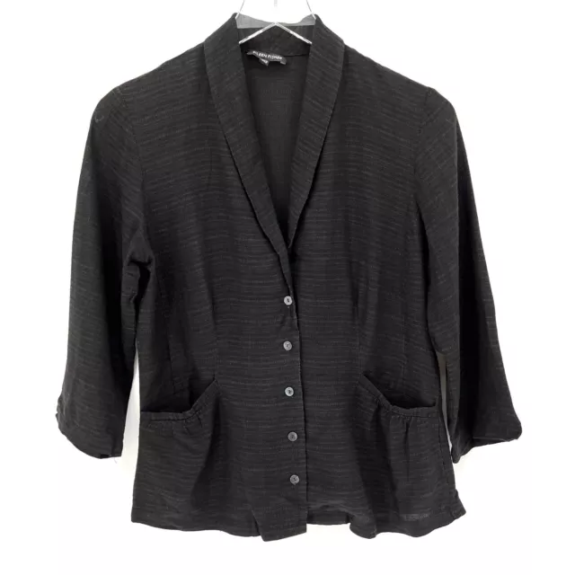 Eileen Fisher Linen Blend Button Up Blazer Jacket Lightweight Black Size XS