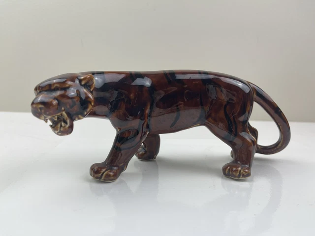 Vintage Majolica Pottery Glazed Tiger Statue Figure