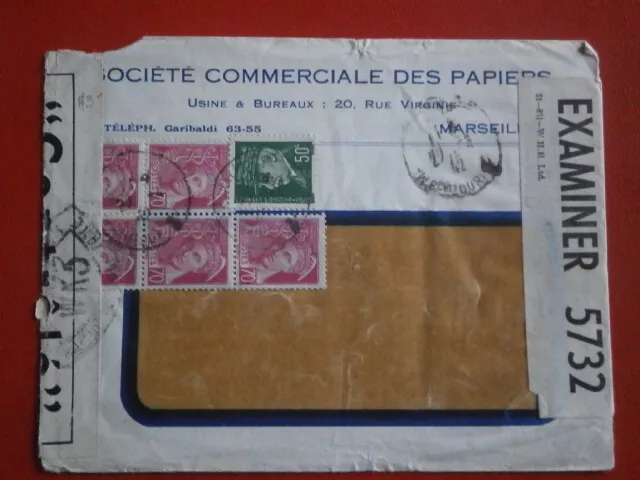 France Timbre Petain Mercure Lettre Enveloppe Cover Censure Guerre War Marseille