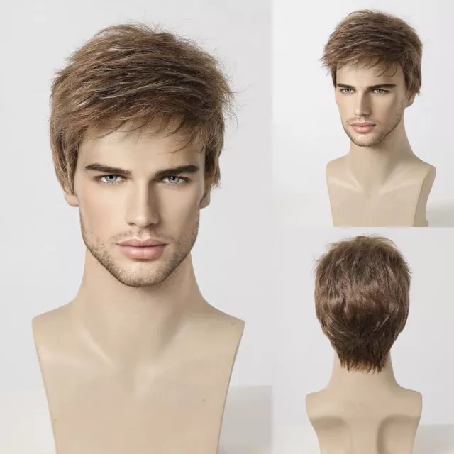 Light Brown Men Wig Fake Hair for Male Short Brown Wigs Party Heat Resistant