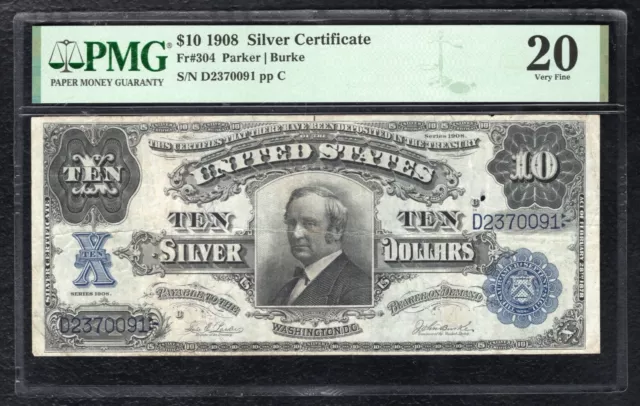 Fr.304 1908 $10 Ten Dollars “Tombstone” Silver Certificate Note Pmg Very Fine-20
