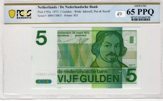 Netherlands 1973 5 Gulden PCGS Banknote Certified UNC 65 PPQ Gem Pick 95a