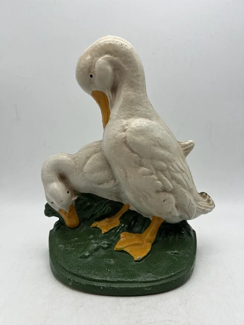 Vtg Cast Iron Pair Of White Ducks Doorstop