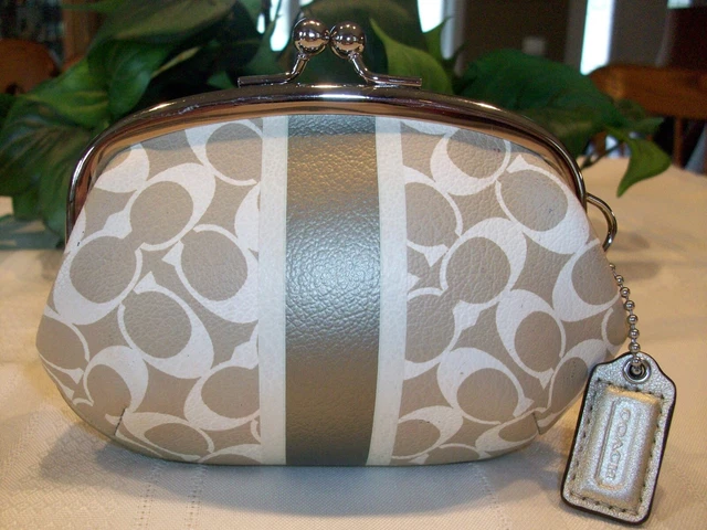 Coach Framed Signature Bias Print Heritage Stripe Kisslock Coin Purse