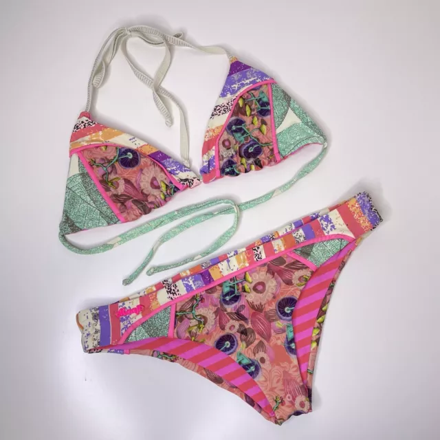 Maaji Swimwear Bikini Set Medium Pink Halter Triangle Reversible Bicycle Print