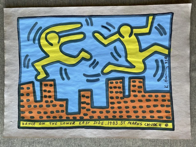 Keith Haring (Handmade) Drawing - Painting on old paper signed & stamped