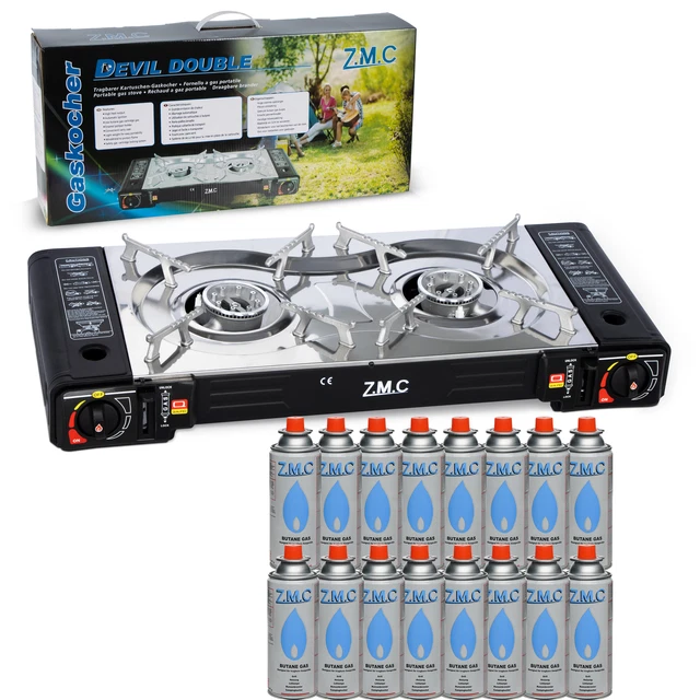 Doppel Kartuschenkocher 2 flammig Outdoor Gas Campingkocher + 16x Gaskartuschen
