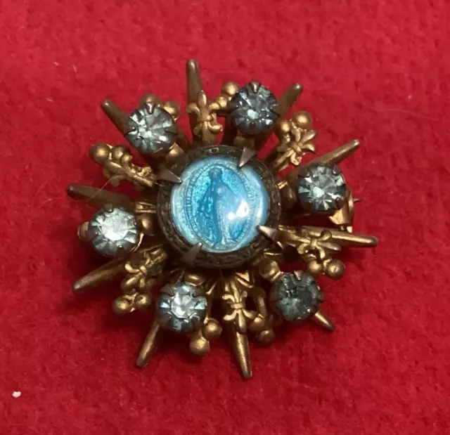 Vintage Religious  Medal Brooch Pin With Blue Rhinestones And Enamel