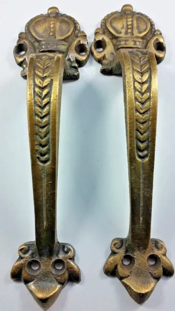 2 Solid Brass Crown Handles 6-3/4" Pulls Door Cabinet Ant. Style Barn Gate #P10