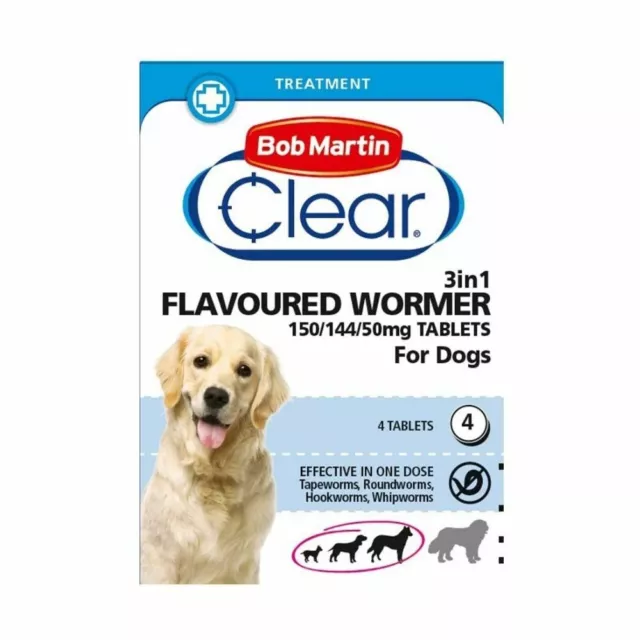 Bob Martin Wormers 3 In 1 Dog Dewormer Up To 40kg Worming Treatment x 4 Tablets