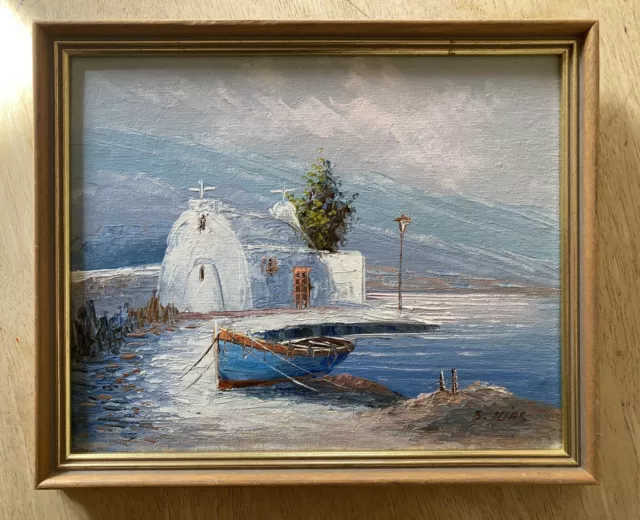 Vintage Original Oil Painting By B. ILIAS. Impressionism Style, Blue Boat.